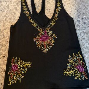 Cache Black Tank Top with Colorful beaded Embroidery